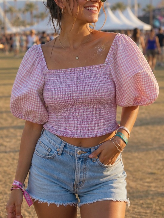 BB Dakota by Steve Madden Tops - BB Dakota Pink Gingham Smocked Puff Sleeve Crop Top Size M Cottagecore coquette